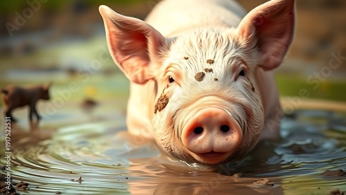 grunting. A pink pig playing in a muddy puddle, covered in mud droplets. wildlife magazines, conservation campaigns, designed for eco-tourism storytelling, used by it administrators.