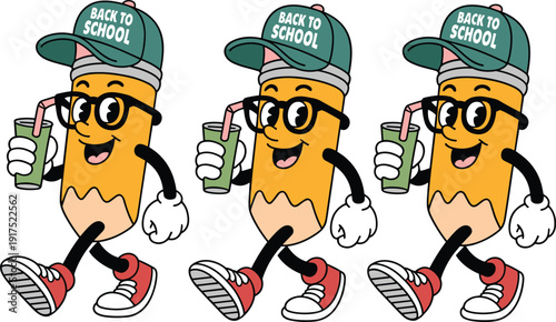 Cute Cartoon Pencil Mascot Character Wearing Back to School Cap and Glasses Walking with Juice Box Isolated on White Background Illustration Set