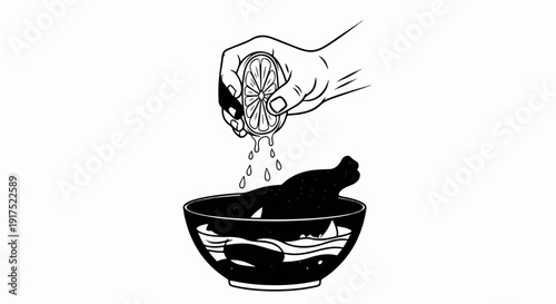 Hand squeezing lemon over a bowl with dark food and liquid