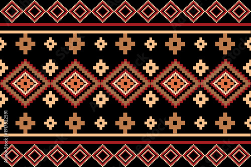 Seamless tribal stripe pattern with red and beige diamond shapes on black background. Pixel inspired ethnic ornament design suitable for textile print, wallpaper, wrapping paper and decorative surface