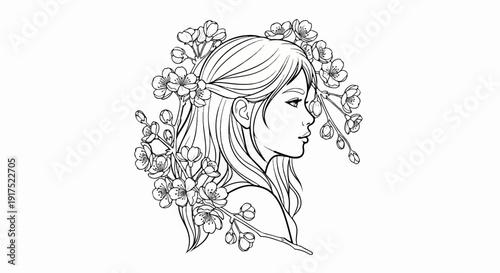Line drawing of a young woman with long flowing hair adorned with cherry blossoms