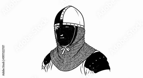 Medieval warrior in full metal and chainmail armor, a helmet with a visor
