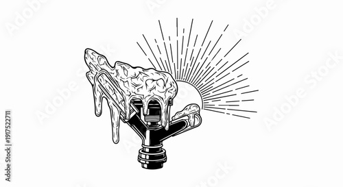 Melting brain on sprinkler head with radiating sunburst behind