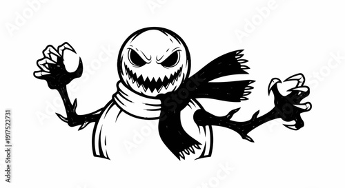 Menacing, black and white illustrated character with a scarf and clawed hands