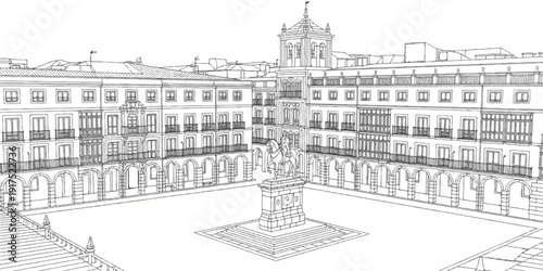 Horseback statue in central plaza surrounded by arcades and balconies