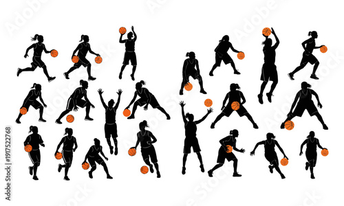 Dynamic female basketball player silhouette jump shot action - vector illustration
