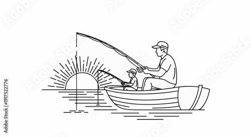 Father and child fishing in a boat at sunrise