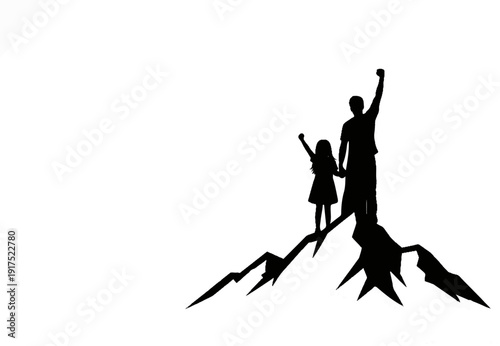 Father and daughter celebrate victory on mountain peak