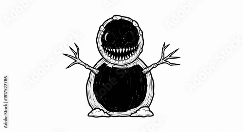 Frightening snowman with sharp teeth and dark eyes on white background