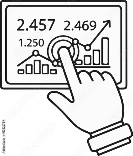 Hand touching screen displaying financial data graphs