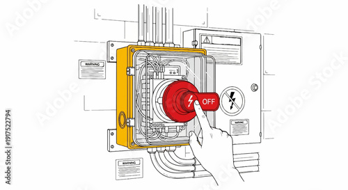 Hand turning large red rotary switch to the 'off' position