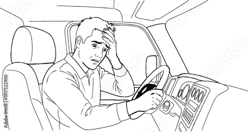 Frustrated driver grips steering wheel, head in hand, overwhelmed by traffic stress