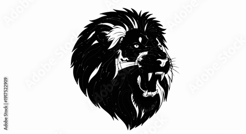 Ferocious black and white lion head roaring with sharp teeth