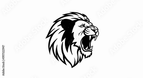 Ferocious black and white roaring lion head, drawing, intense expression