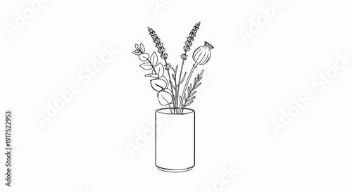 Line drawing of eucalyptus, lavender, and poppy seed pod in a simple vase