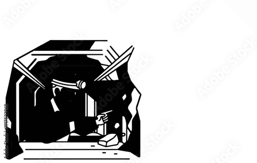 Miner in helmet with lamp working in mine shaft