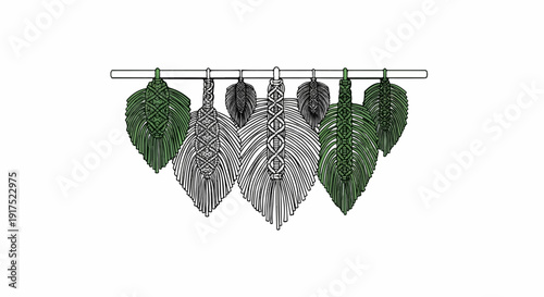 Handcrafted macrame leaf ornaments in green and white hang from a rod