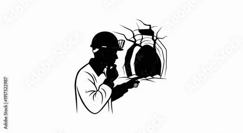 Miner inspects a dark cave entrance, finger pointing