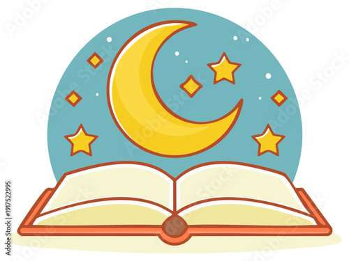 Open book illustration with crescent moon and stars depicting bedtime stories or children's literature