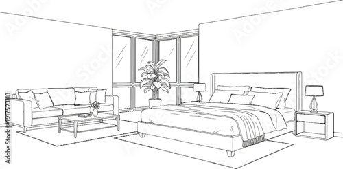Minimalist bedroom scene with a sofa, coffee table, large windows, and a bed