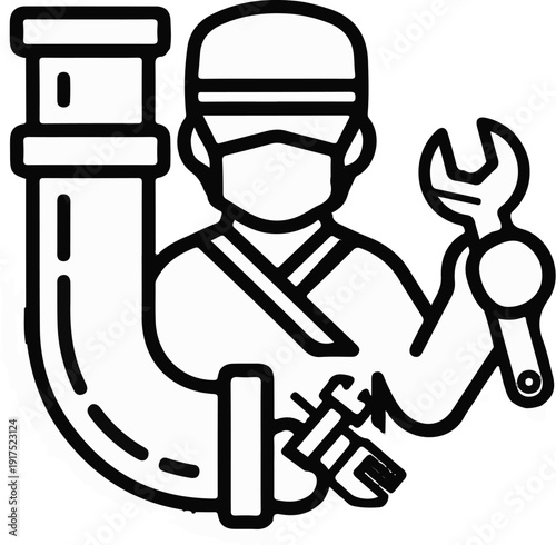 Icon of a plumber with pipes and tools, ready for work