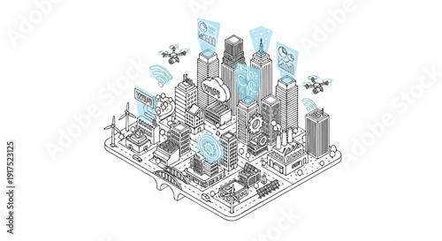Futuristic city illustration with drones, wind turbines, and connectivity