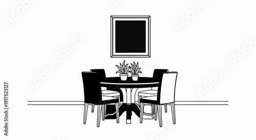 Minimalist black and white drawing of a round dining table set with chairs and plants
