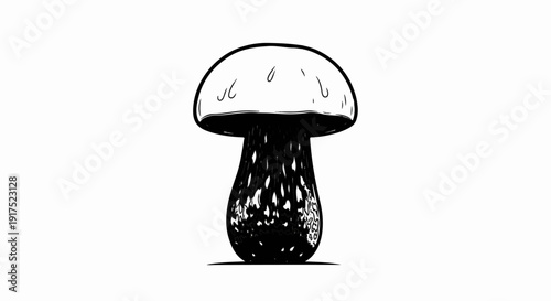 Hand-drawn black and white illustration of a mushroom on a white background
