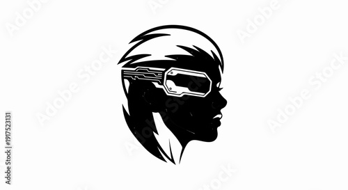 Futuristic female profile with cybernetic goggles and circuitry