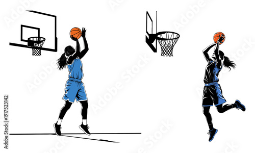 Female basketball player silhouette jump shot action - dynamic vector illustration