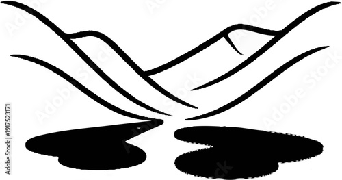 Minimalist black and white illustration of mountains and reflective water