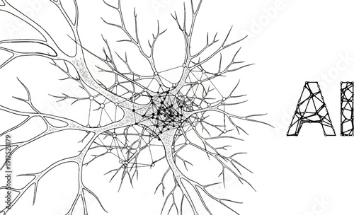 Intricate neuron network illustration with 'AI' text in polygonal style