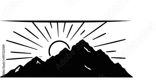 Minimalist black and white illustration of sunrise over jagged mountain peaks