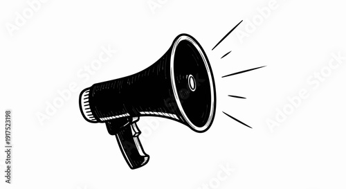 Hand-drawn black megaphone with radiating sound lines on a white background