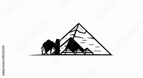Minimalist black silhouette of a camel with a pyramid in the background