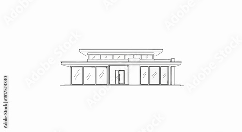 Minimalist building sketch with large glass windows and a central entrance