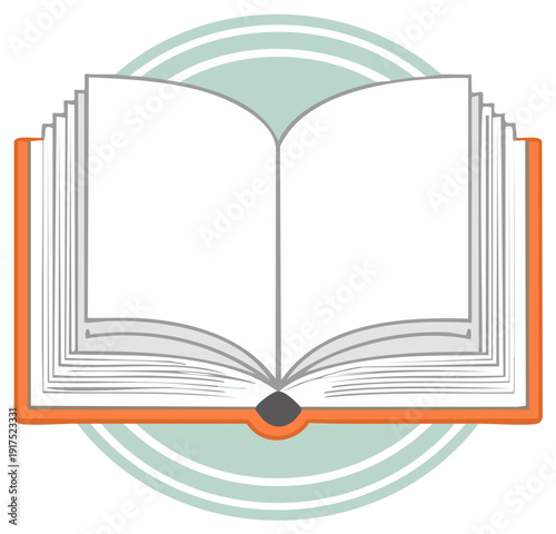 Open book graphic with blank pages and orange cover design for custom text or artwork education concept