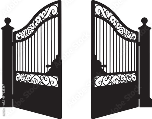 Black Iron Gate with Ornate Design Elements Open Wide