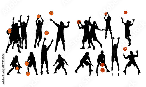 Dynamic female basketball player silhouette jump shot action vector illustration
