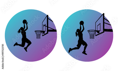 Female basketball player silhouette jump shot action - dynamic vector illustration