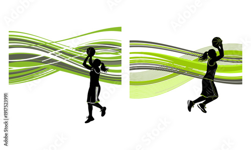 Dynamic female basketball player silhouette jump shot action vector