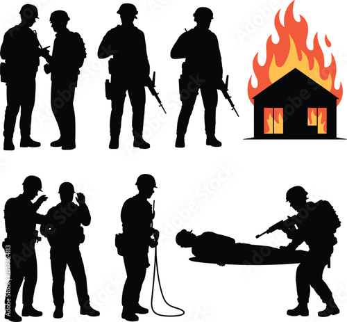 Firefighter and Police Silhouettes Performing Rescue Operations with Burning House, Emergency Response Team, Tactical Security Forces Vector Illustration Isolated on White Background