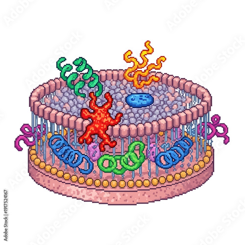 Colorful illustration of a biological cell with organelles and membrane proteins.