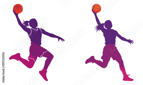 Dynamic female basketball player silhouette jump shot action vector