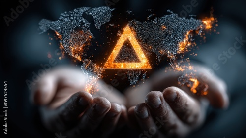 Holding the future with flames: a striking visualization of a burning world and a glowing triangle symbolizing transformation and awakening