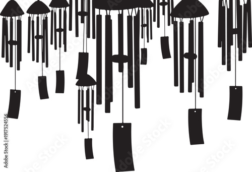 Black Wind Chimes Hanging on White Background Illustration