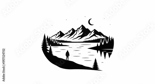 Lone figure observes a tranquil mountain lake under a crescent moon