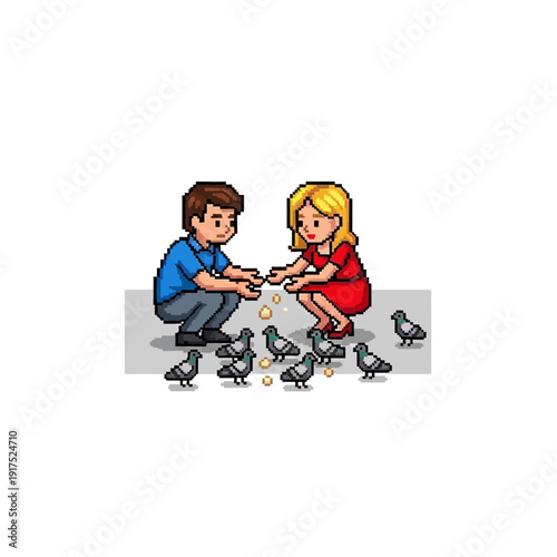 Boy and girl feeding pigeons on a paved surface.