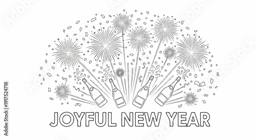 Festive New Year celebration with champagne bottles and fireworks