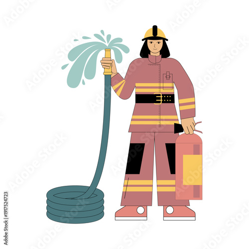 A firefighter holds a fire extinguisher and a hose spraying water. For children. Flat illustration for websites and posters.eps